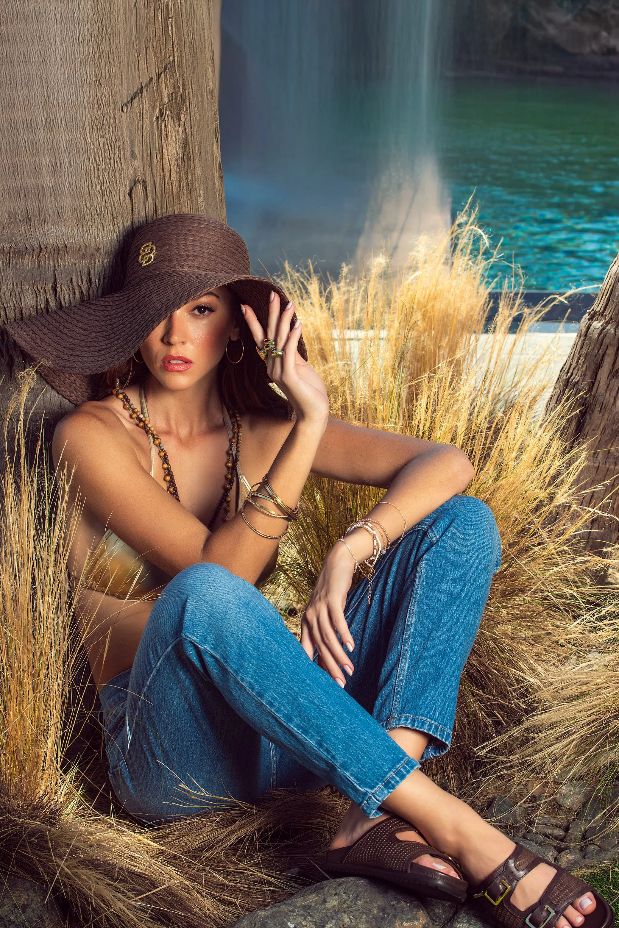 Brown Woven Leather Sandals with Dual Buckles