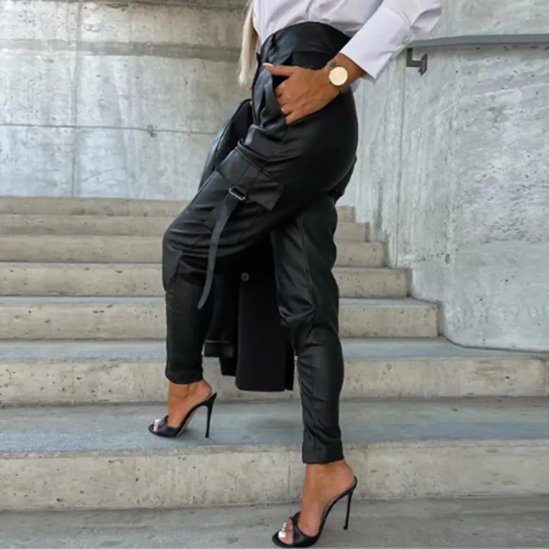 Cargo Pants – Faux Leather – High-Waisted Chic Style