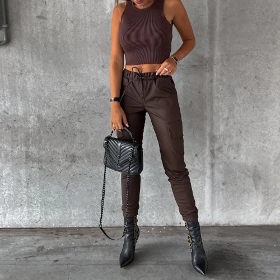 Cargo Pants – Faux Leather – High-Waisted Chic Style