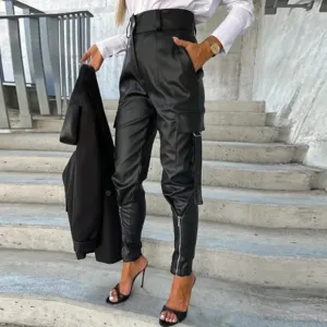 Cargo Pants – Faux Leather – High-Waisted Chic Style
