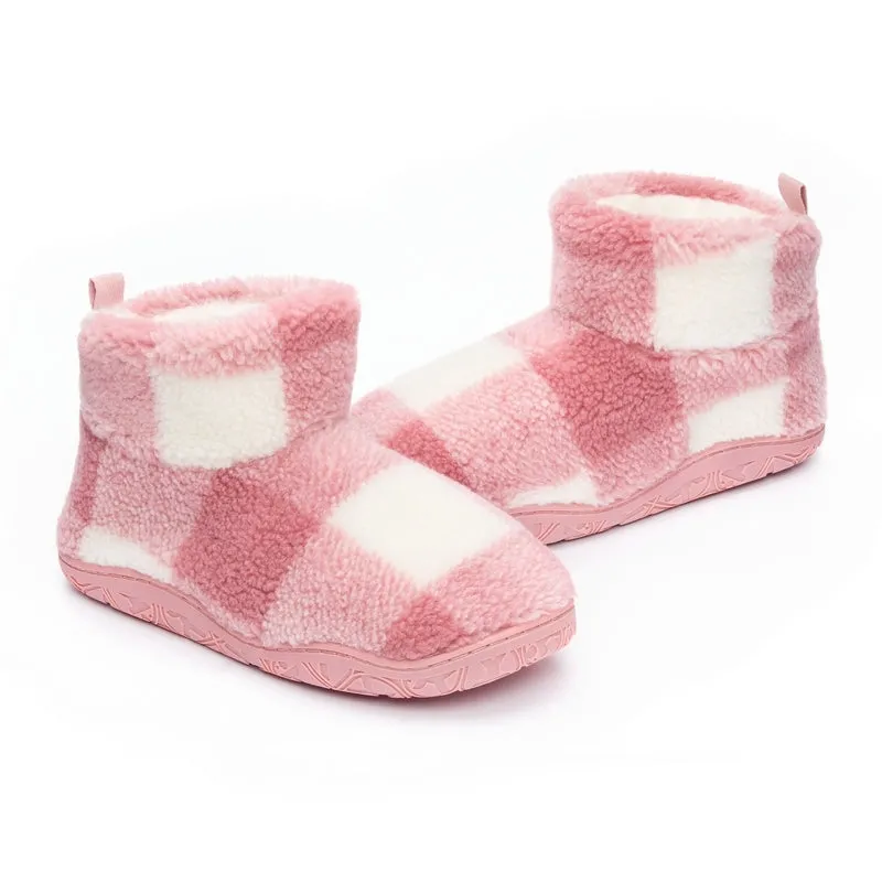Celeste - Shorter Length Check Sherpa Slipper Boot - Pink Check