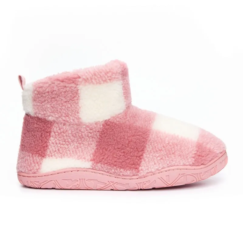 Celeste - Shorter Length Check Sherpa Slipper Boot - Pink Check