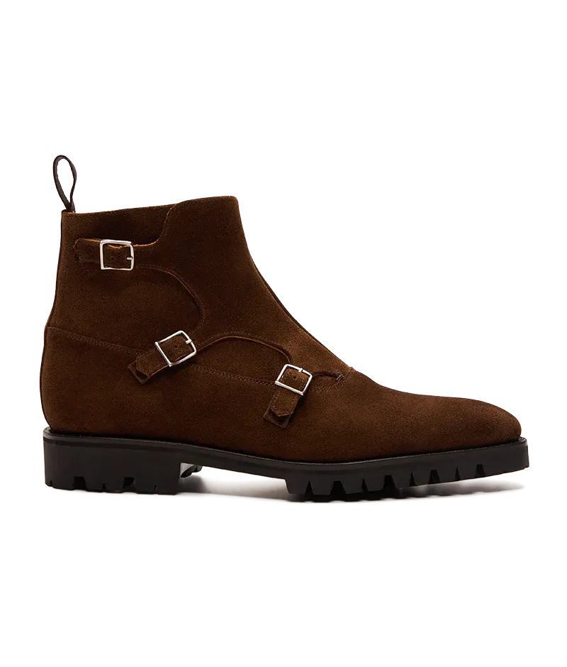 Chocolate Suede Calf Leather Boots Triple Monk strap Chelsea Boots Shoes With with Chunky Track Sole - Boots - Monk Shoes