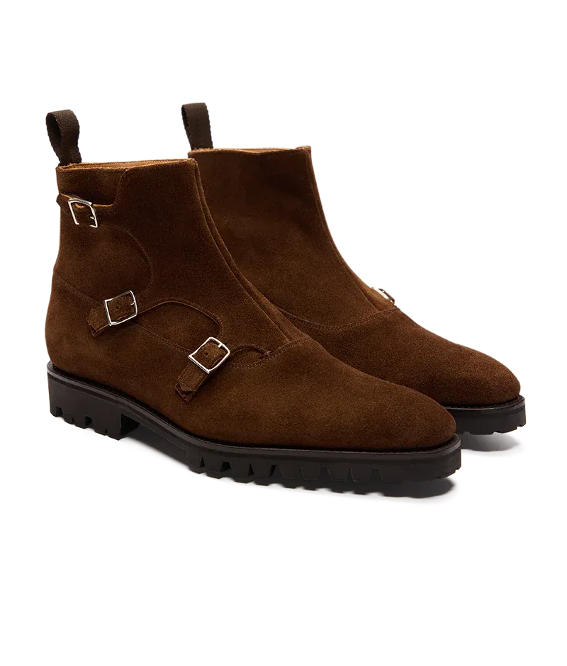 Chocolate Suede Calf Leather Boots Triple Monk strap Chelsea Boots Shoes With with Chunky Track Sole - Boots - Monk Shoes