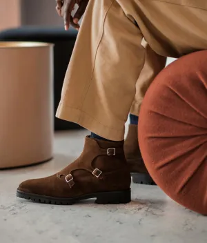 Chocolate Suede Calf Leather Boots Triple Monk strap Chelsea Boots Shoes With with Chunky Track Sole - Boots - Monk Shoes