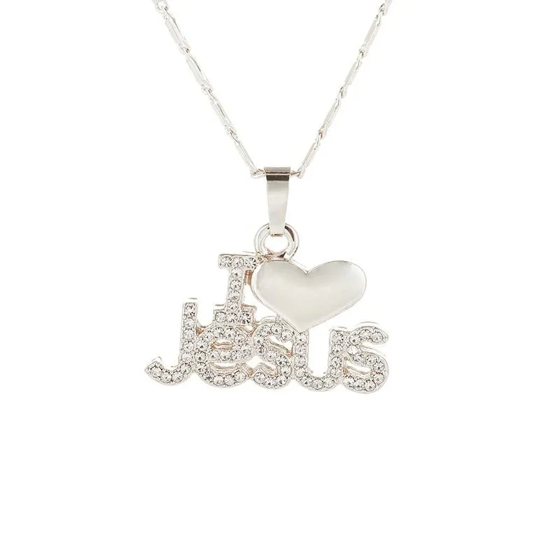 Christianartbag Jewelry, Trendy Letter I LOVE JESUS Shape Pendant Necklace Women's Necklace Bohemian Crystal Inlaid Pendant Religious Accessories Jewelry,CABJWL04270723