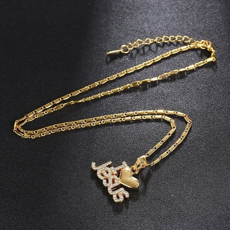 Christianartbag Jewelry, Trendy Letter I LOVE JESUS Shape Pendant Necklace Women's Necklace Bohemian Crystal Inlaid Pendant Religious Accessories Jewelry,CABJWL04270723