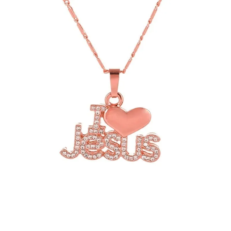 Christianartbag Jewelry, Trendy Letter I LOVE JESUS Shape Pendant Necklace Women's Necklace Bohemian Crystal Inlaid Pendant Religious Accessories Jewelry,CABJWL04270723