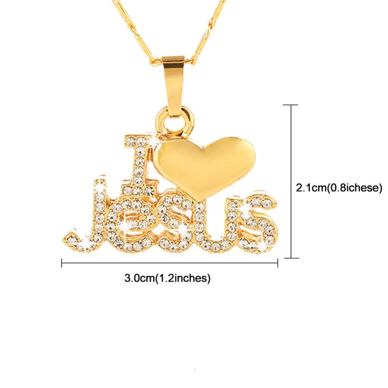Christianartbag Jewelry, Trendy Letter I LOVE JESUS Shape Pendant Necklace Women's Necklace Bohemian Crystal Inlaid Pendant Religious Accessories Jewelry,CABJWL04270723