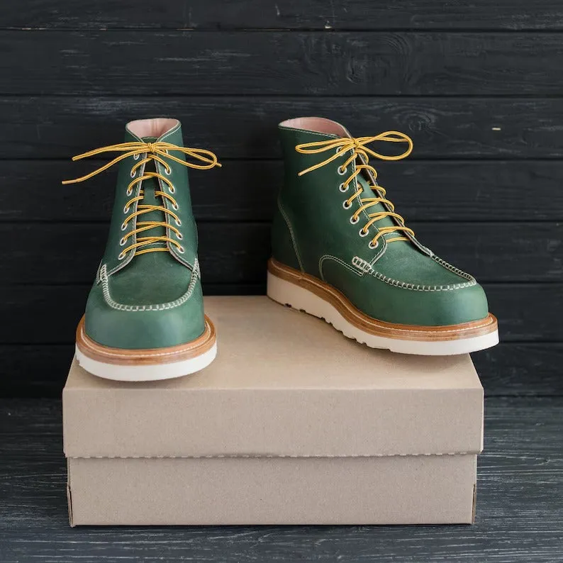 Classic Moc Toe Green Mens Women's Boots lace up Leather Boots - Boots