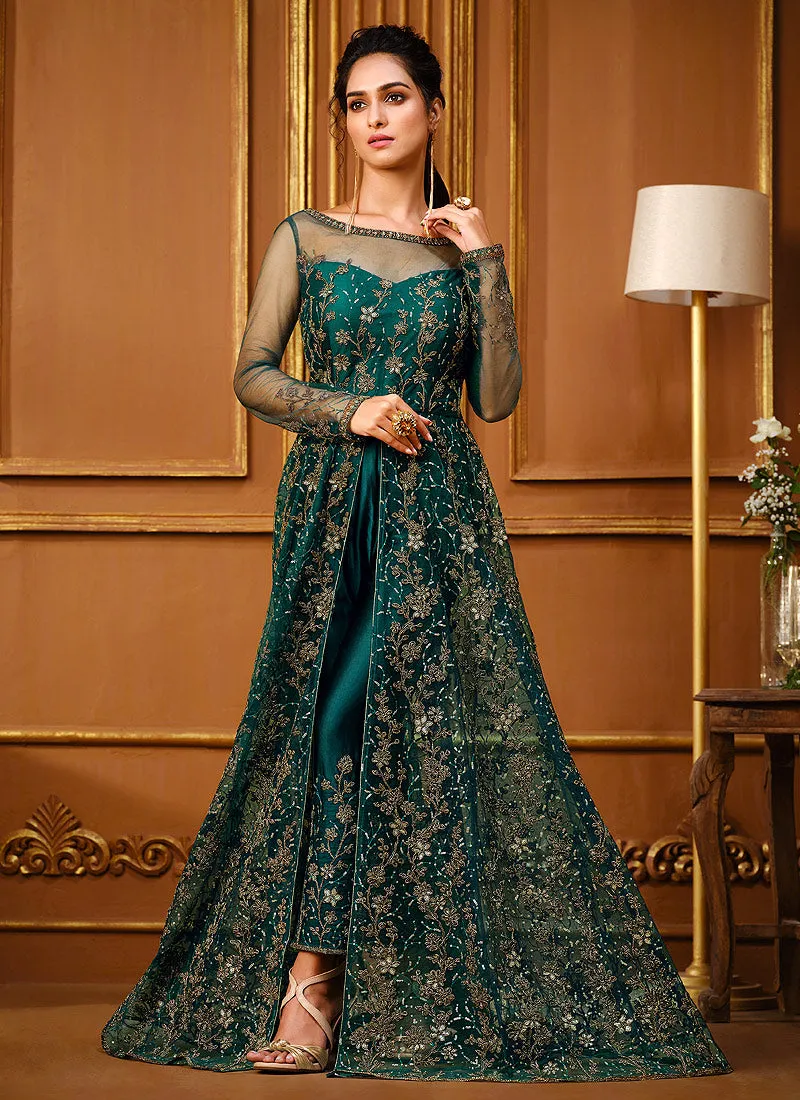 Dark Green Zari Embroidered Slit Style Anarkali Pant Suit