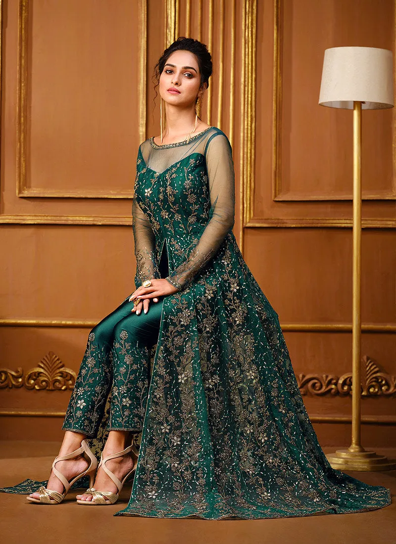 Dark Green Zari Embroidered Slit Style Anarkali Pant Suit