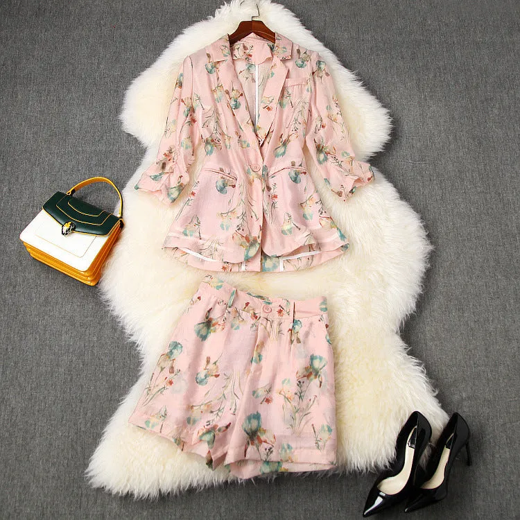 Elegant Office Style Floral Printing Suit Shorts Blazers Two-piece Set