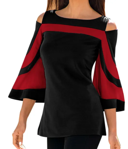 Flare Sleeve Cold Shoulder Two Tone Blouse 5283