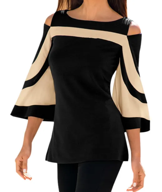 Flare Sleeve Cold Shoulder Two Tone Blouse 5283