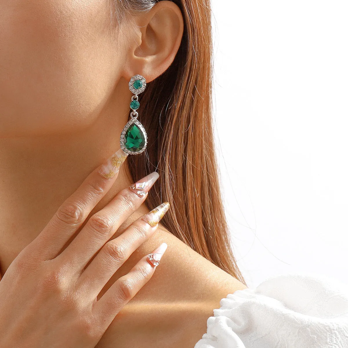 Green Crystal & Cubic Zirconia Drop Earring