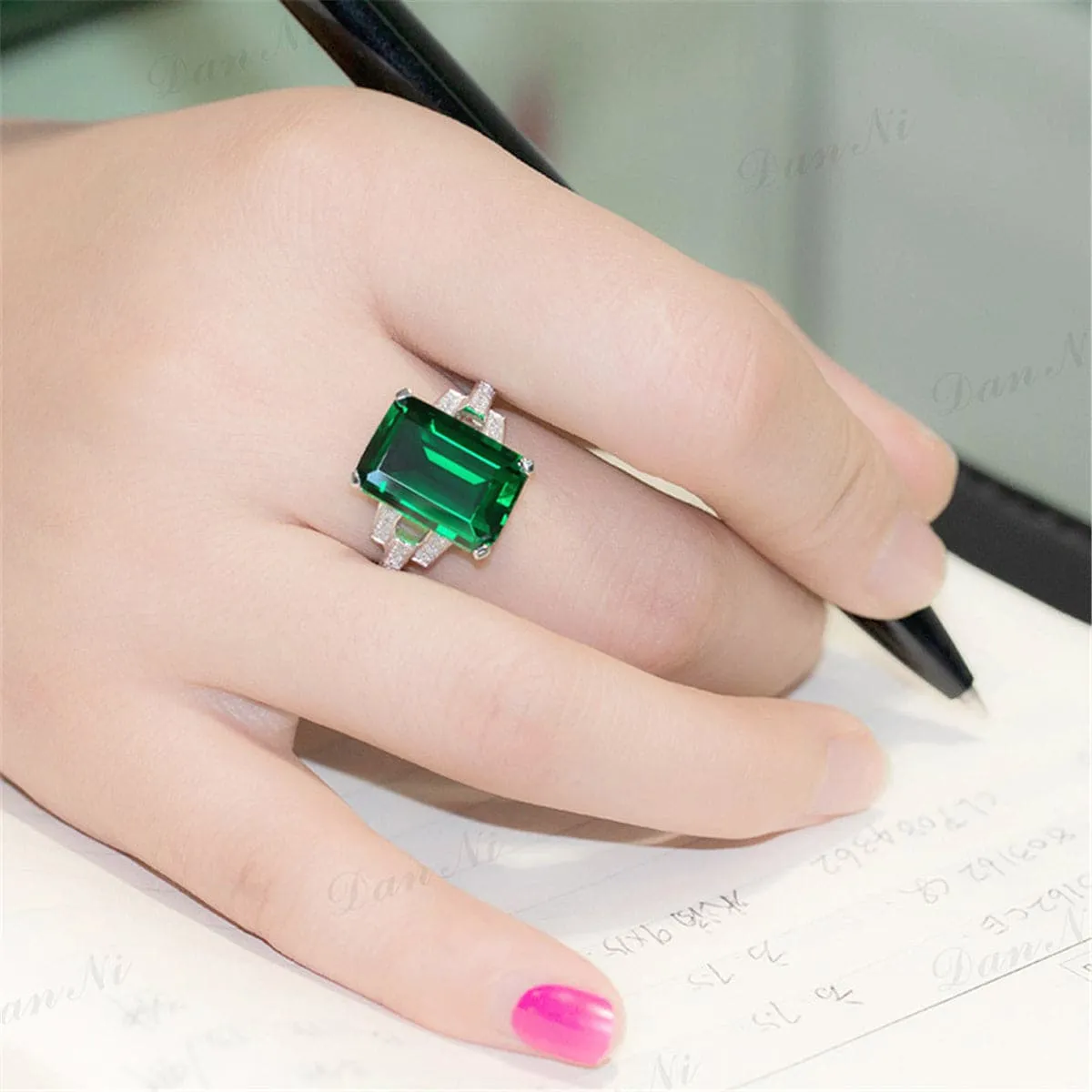 Green Cubic Zirconia & Crystal Cushion-Cut Ring