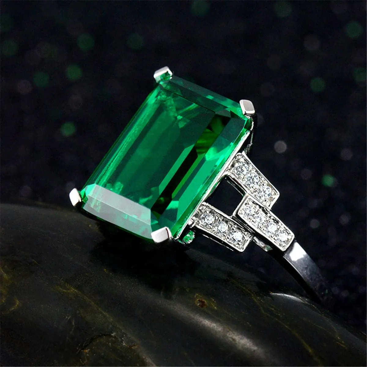 Green Cubic Zirconia & Crystal Cushion-Cut Ring