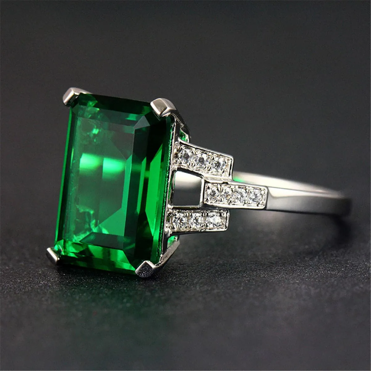 Green Cubic Zirconia & Crystal Cushion-Cut Ring