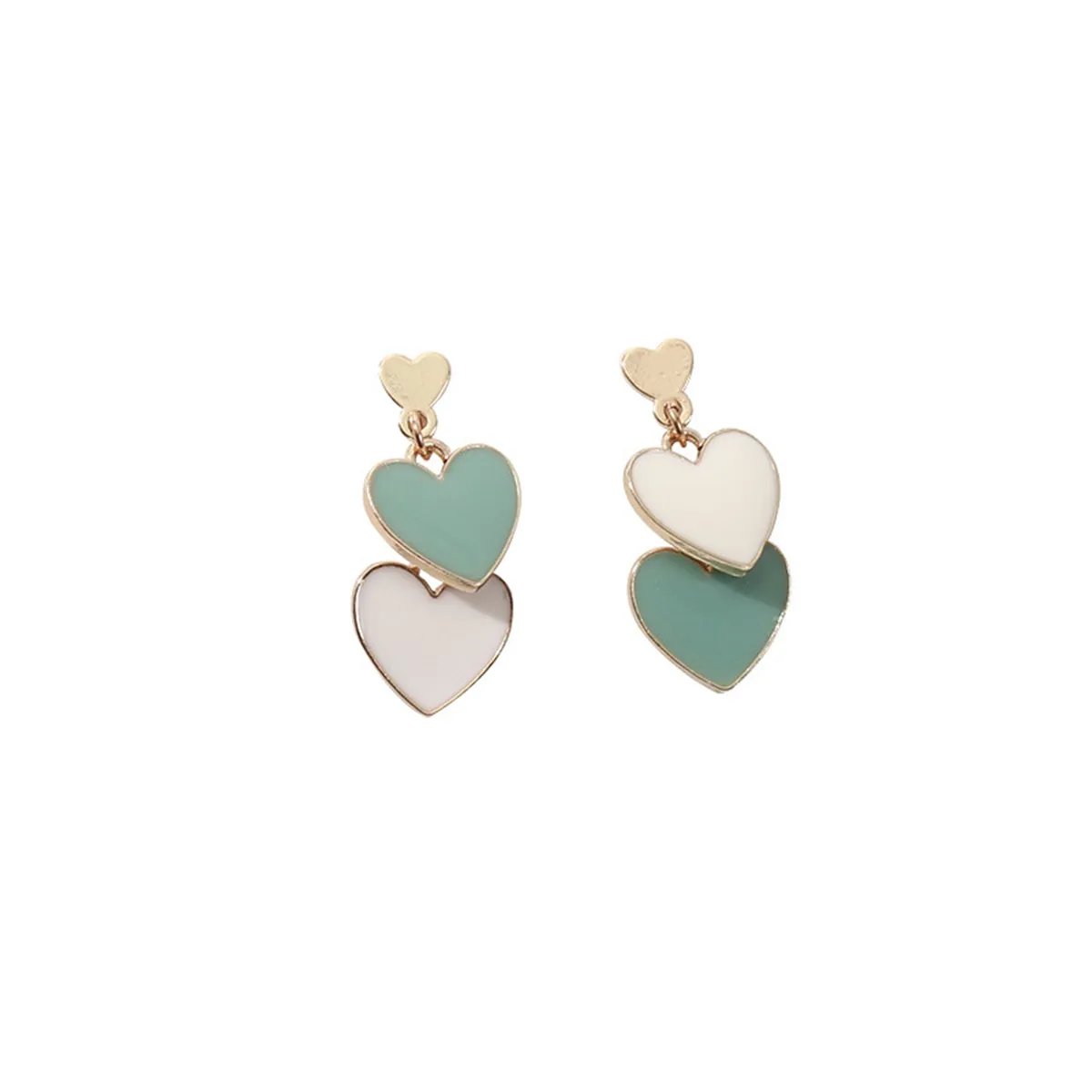 Green Enamel & 18K Gold-Plated Stacked Heart Drop Earrings