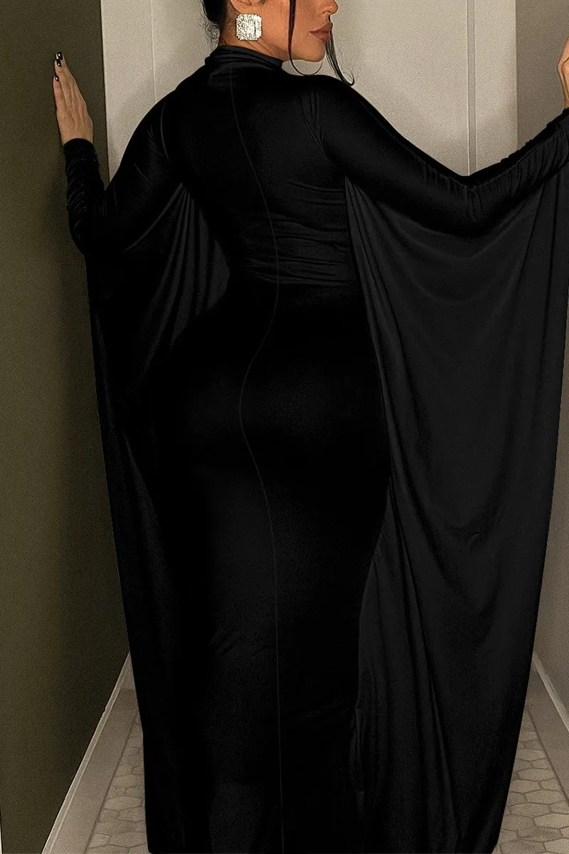 HBT1247 Black Bat Long Sleeve Maxi Dress