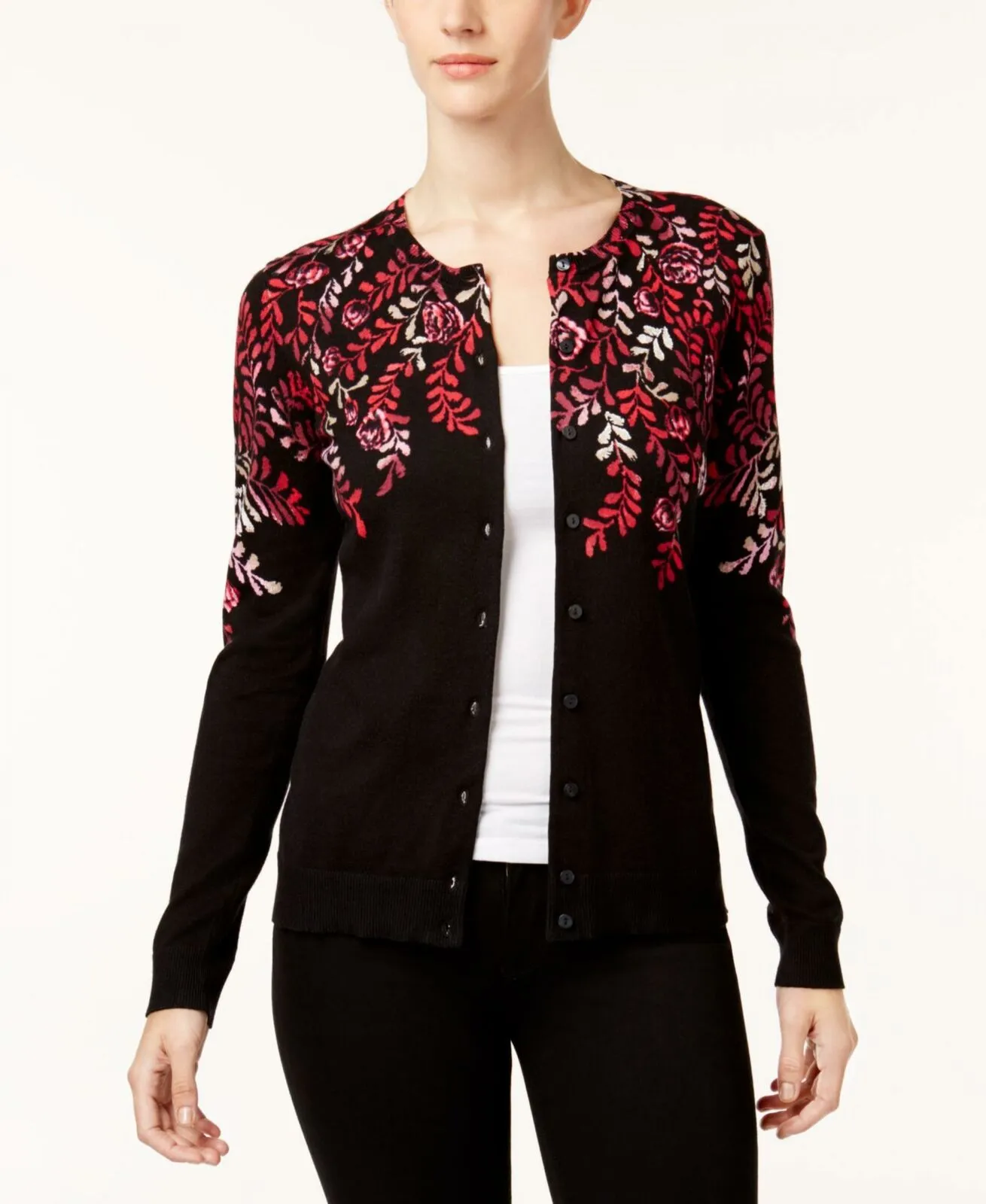 Karen Scott Women's Printed Cardigan. 100026497MS Red Combo Small