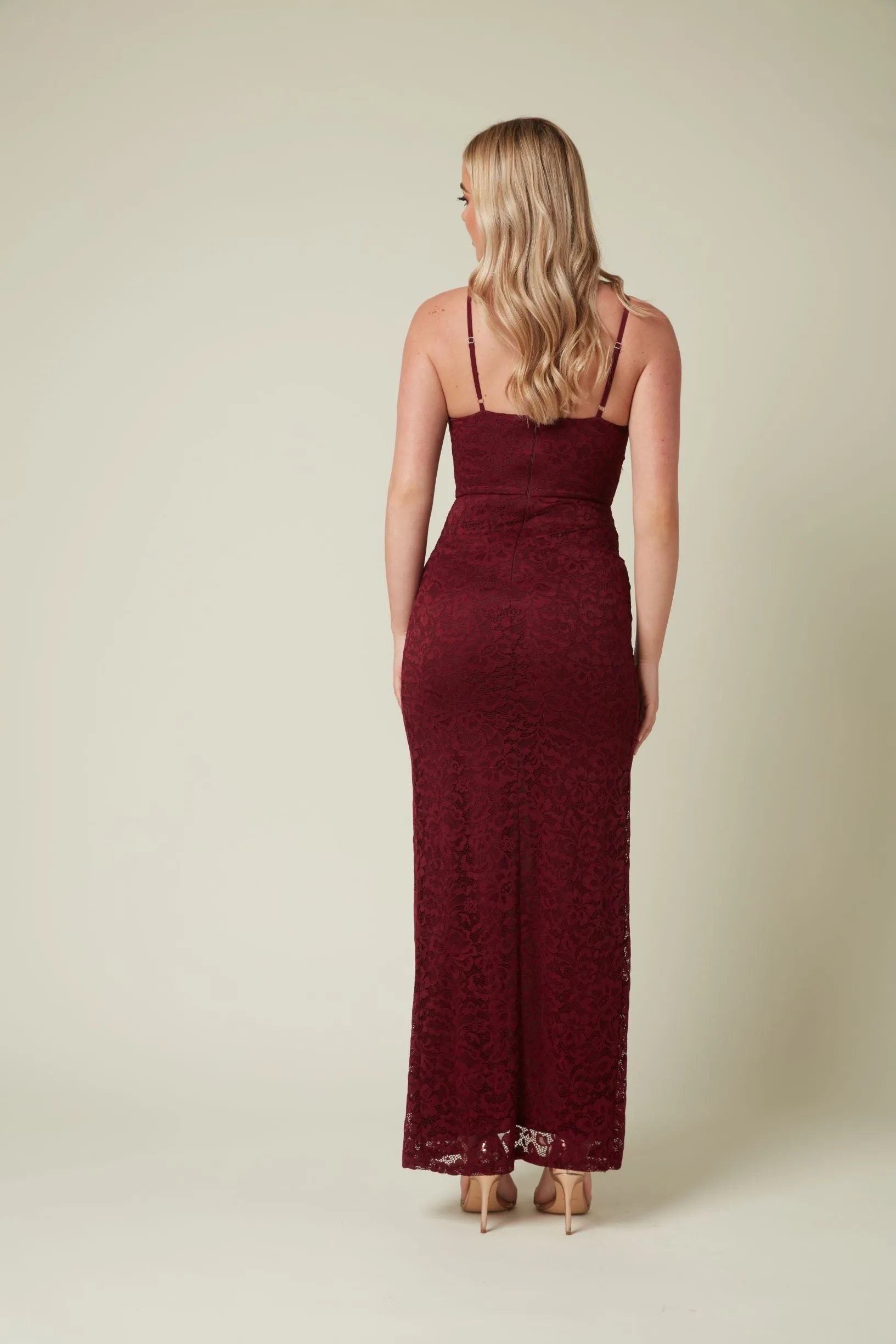 Lace Maxi Dress with Front Slit in Wine