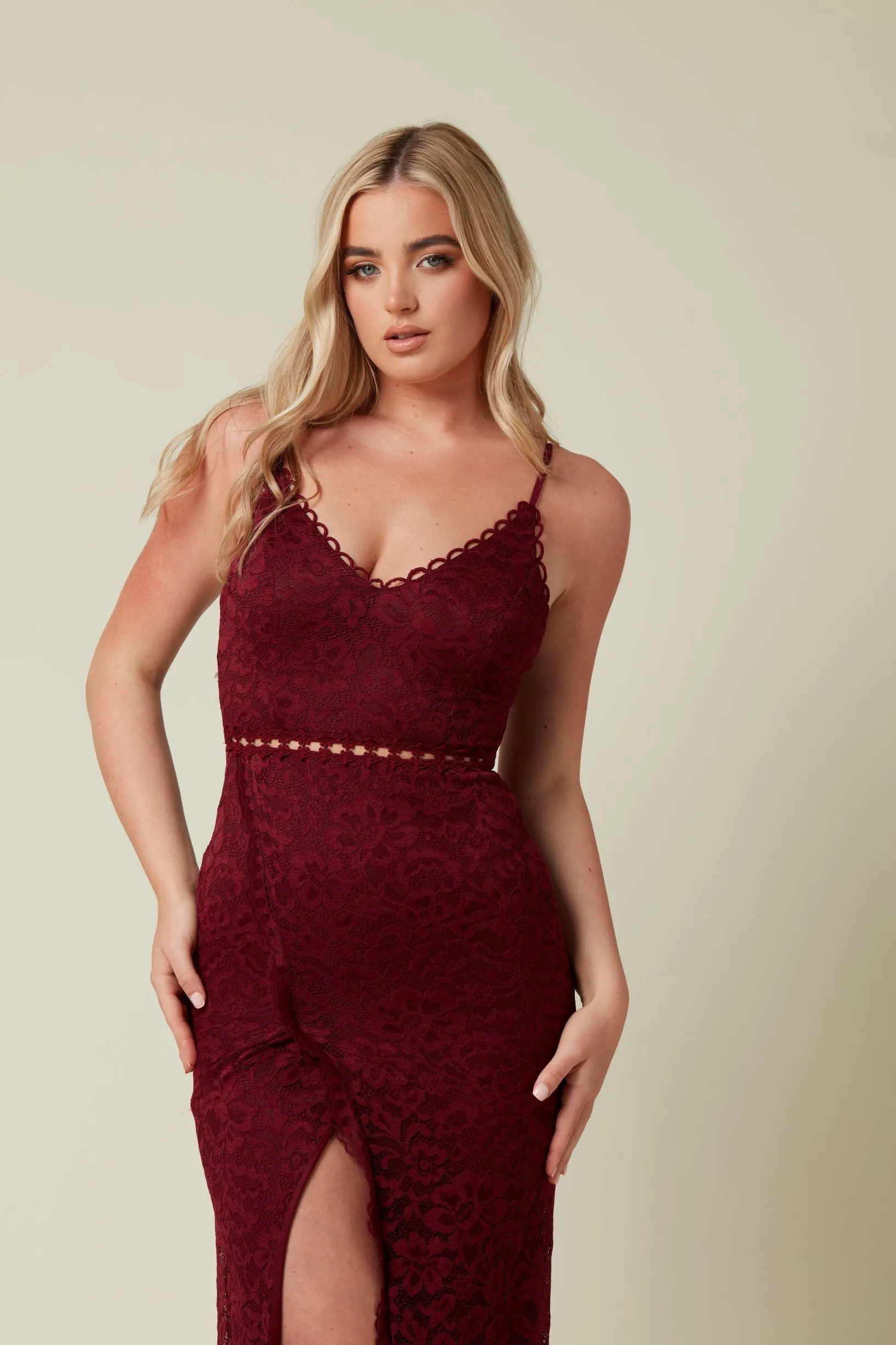 Lace Maxi Dress with Front Slit in Wine