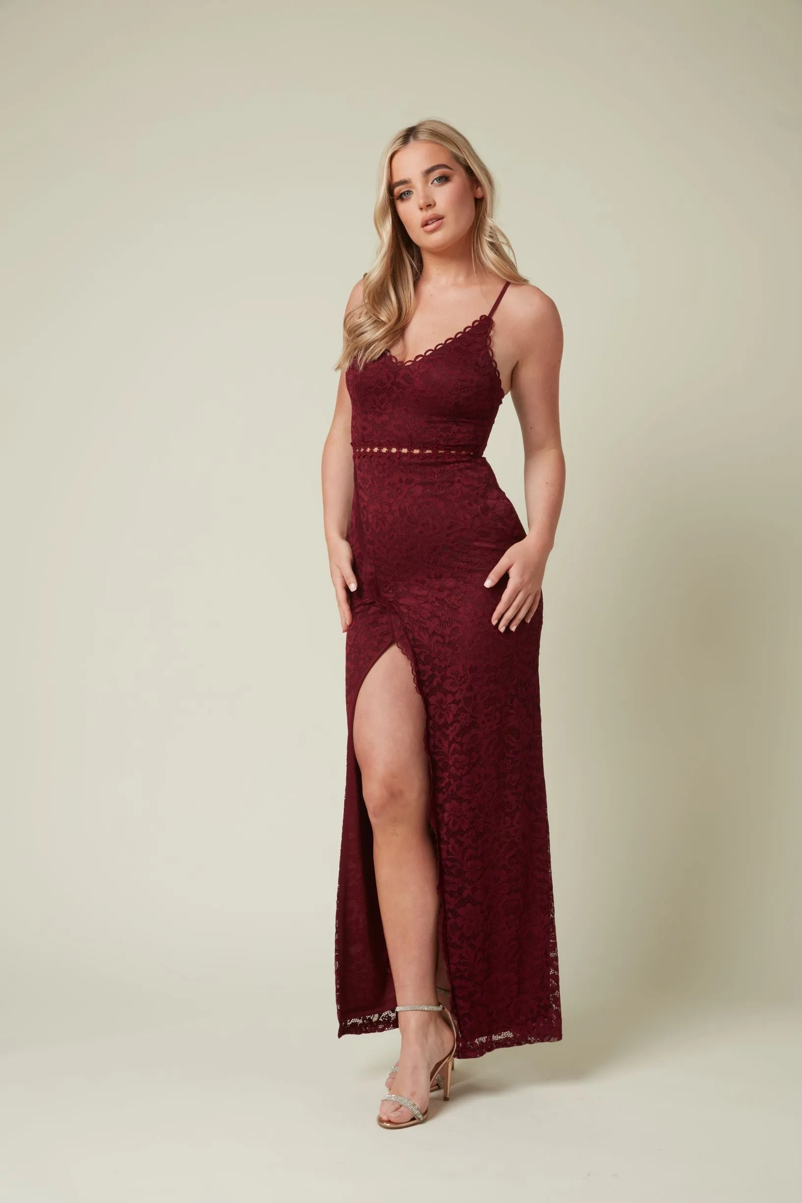 Lace Maxi Dress with Front Slit in Wine