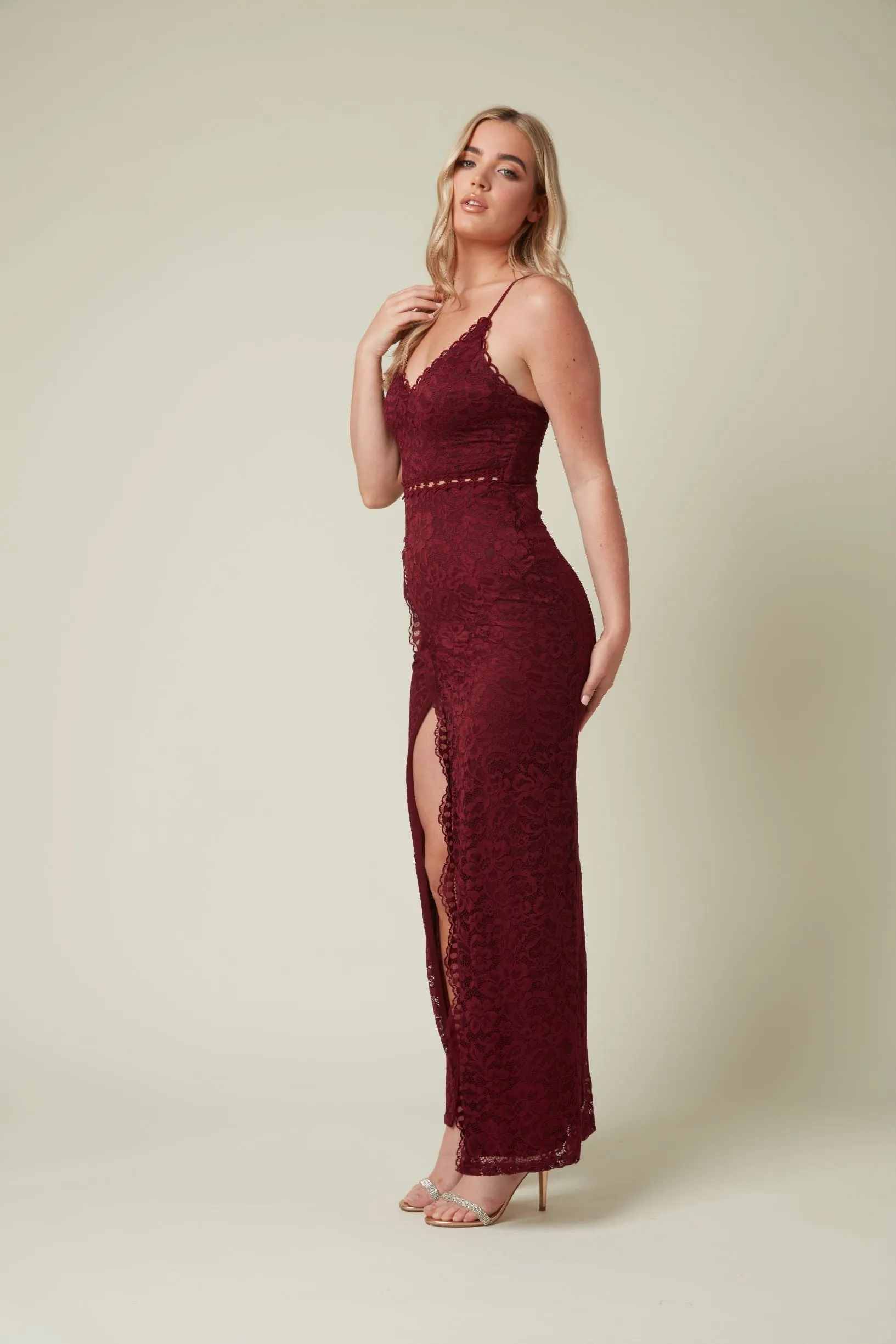 Lace Maxi Dress with Front Slit in Wine