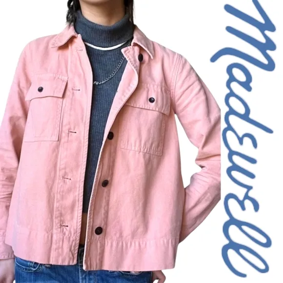 Madewell Northward Cropped Denim Jacket Blush Button Front &amp; Cuffs Cotton Sz XXS