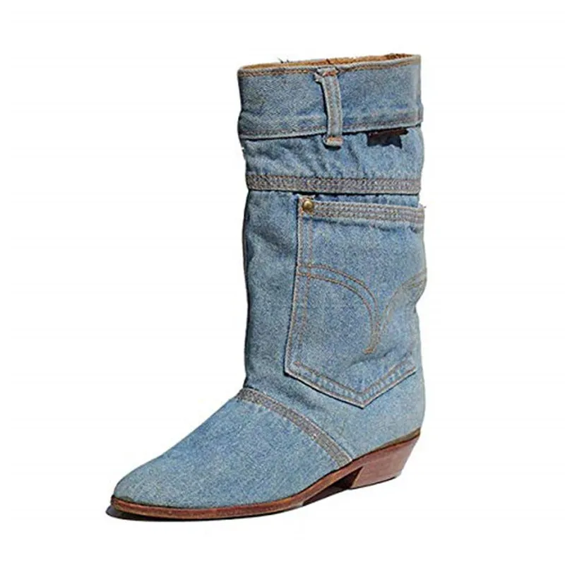 Mid-waist Low Heel Denim Casual Boots