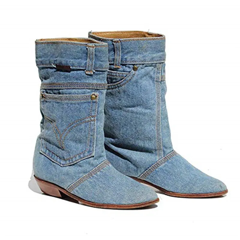 Mid-waist Low Heel Denim Casual Boots