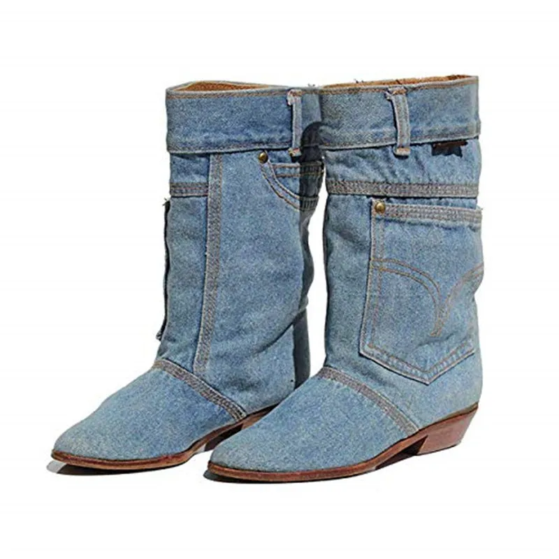 Mid-waist Low Heel Denim Casual Boots