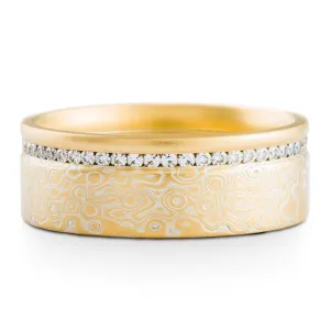 Mokume Gane Ring or Elegant Wedding Band in Spark Palette and Droplet Pattern with Eternity Set Moissanites