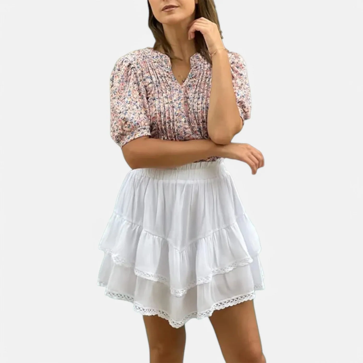 Monacogents | Women's V-Neck Puff Sleeve Pleated Tunic Blouse