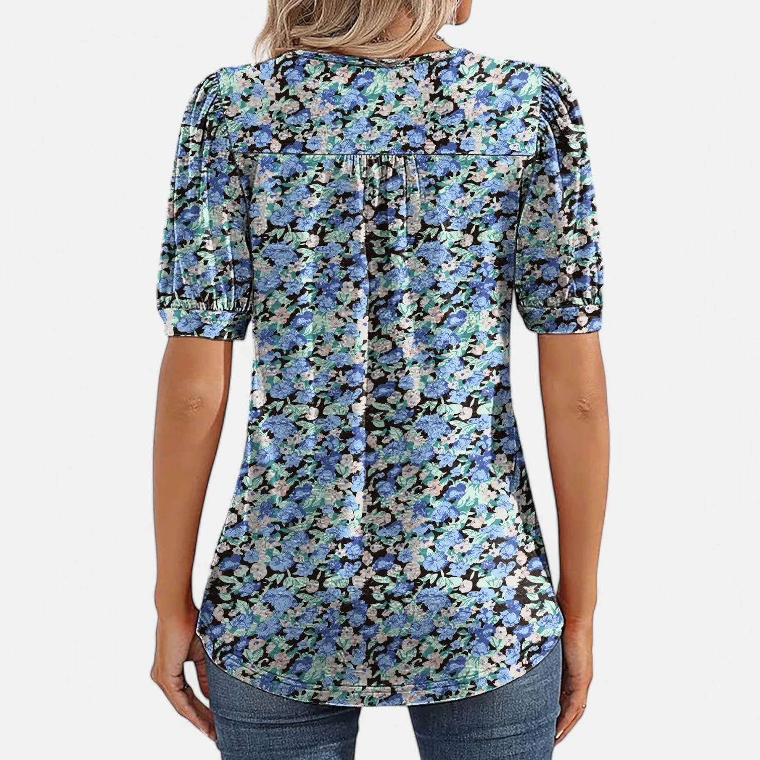 Monacogents | Women's V-Neck Puff Sleeve Pleated Tunic Blouse
