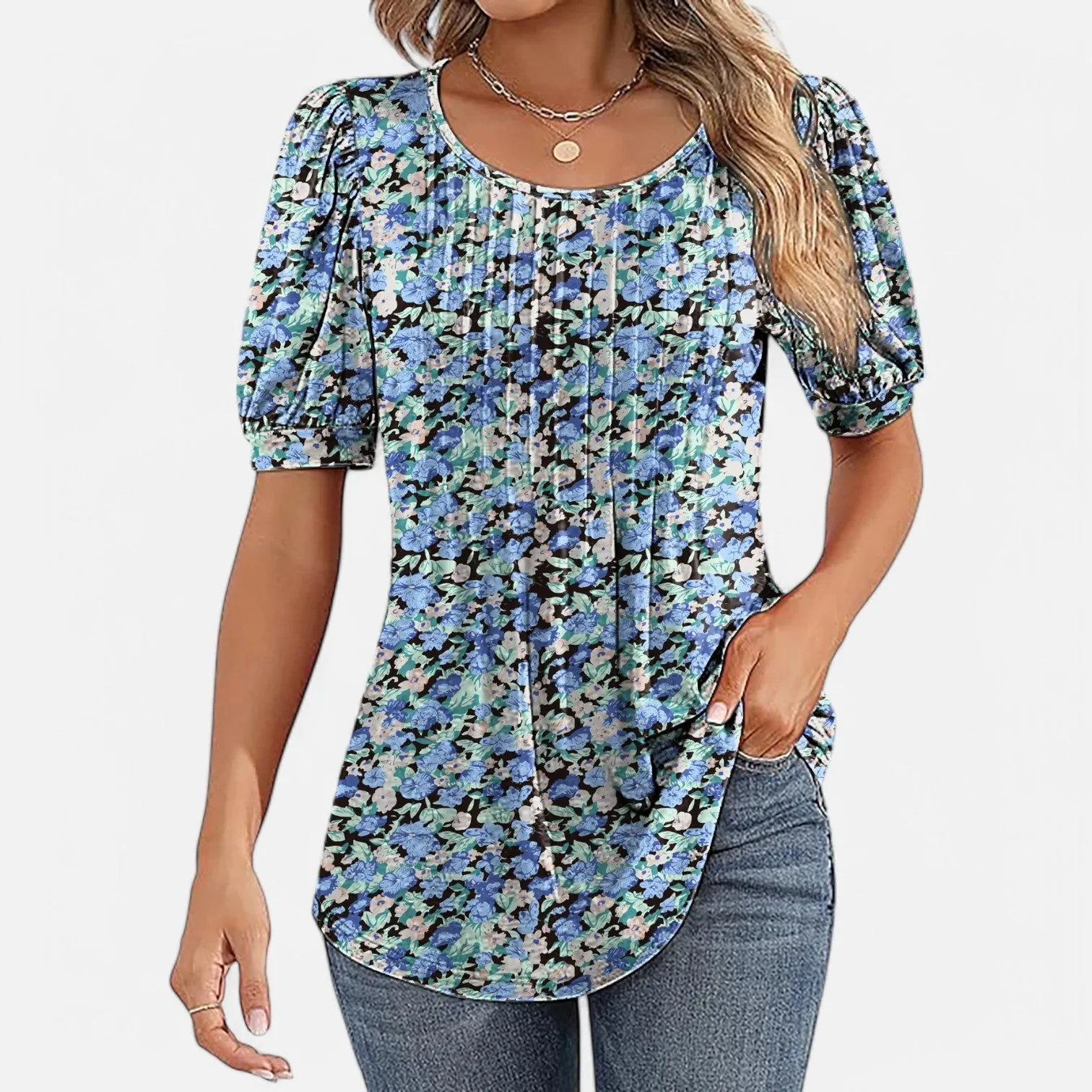 Monacogents | Women's V-Neck Puff Sleeve Pleated Tunic Blouse
