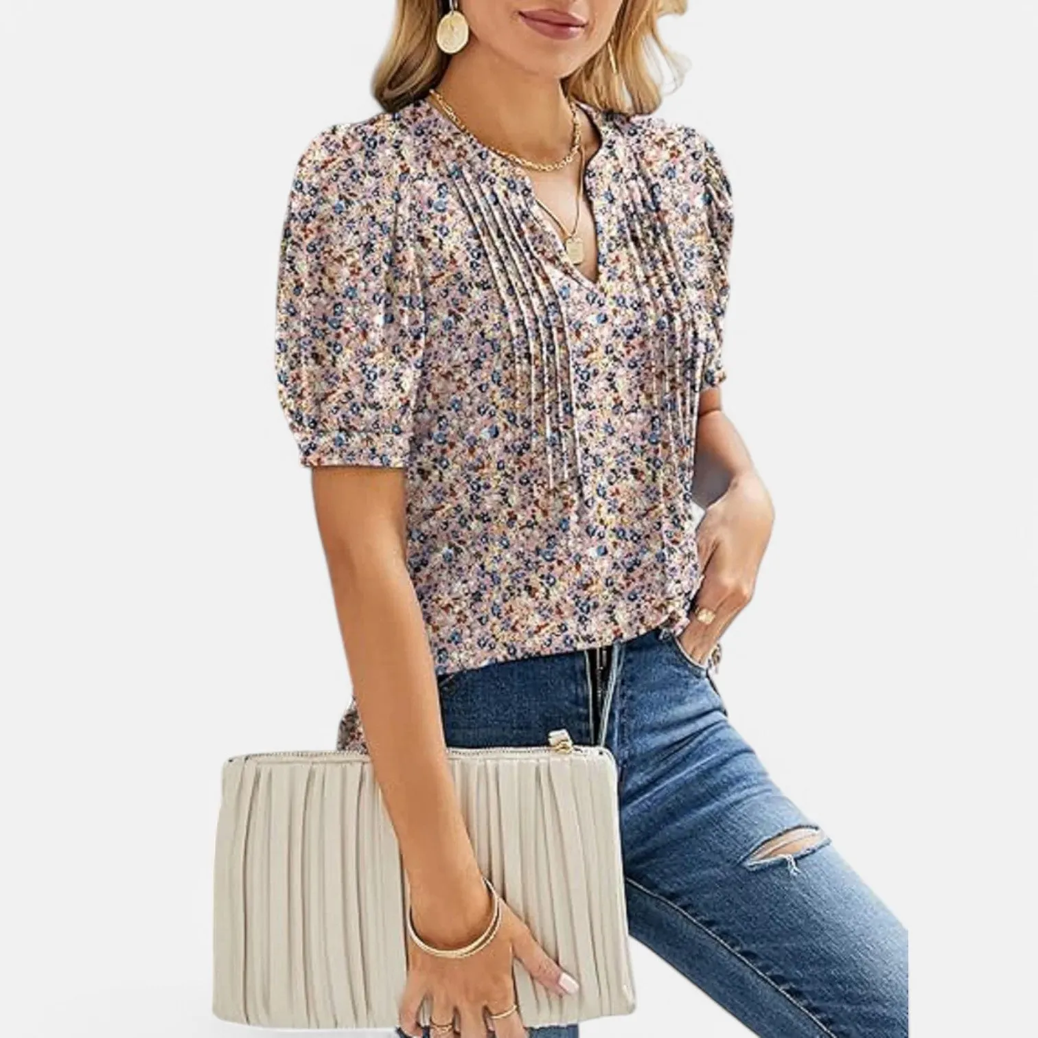 Monacogents | Women's V-Neck Puff Sleeve Pleated Tunic Blouse