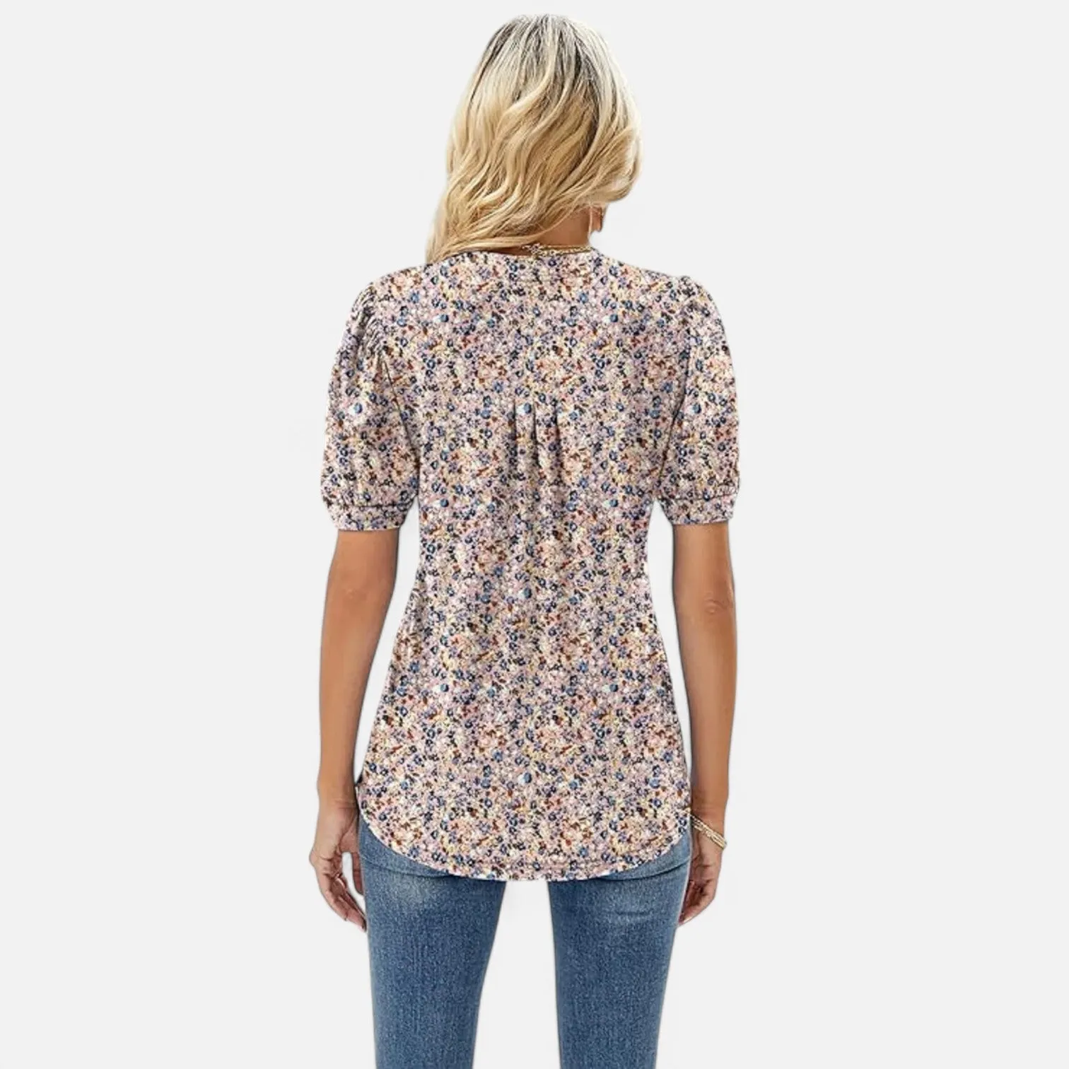 Monacogents | Women's V-Neck Puff Sleeve Pleated Tunic Blouse
