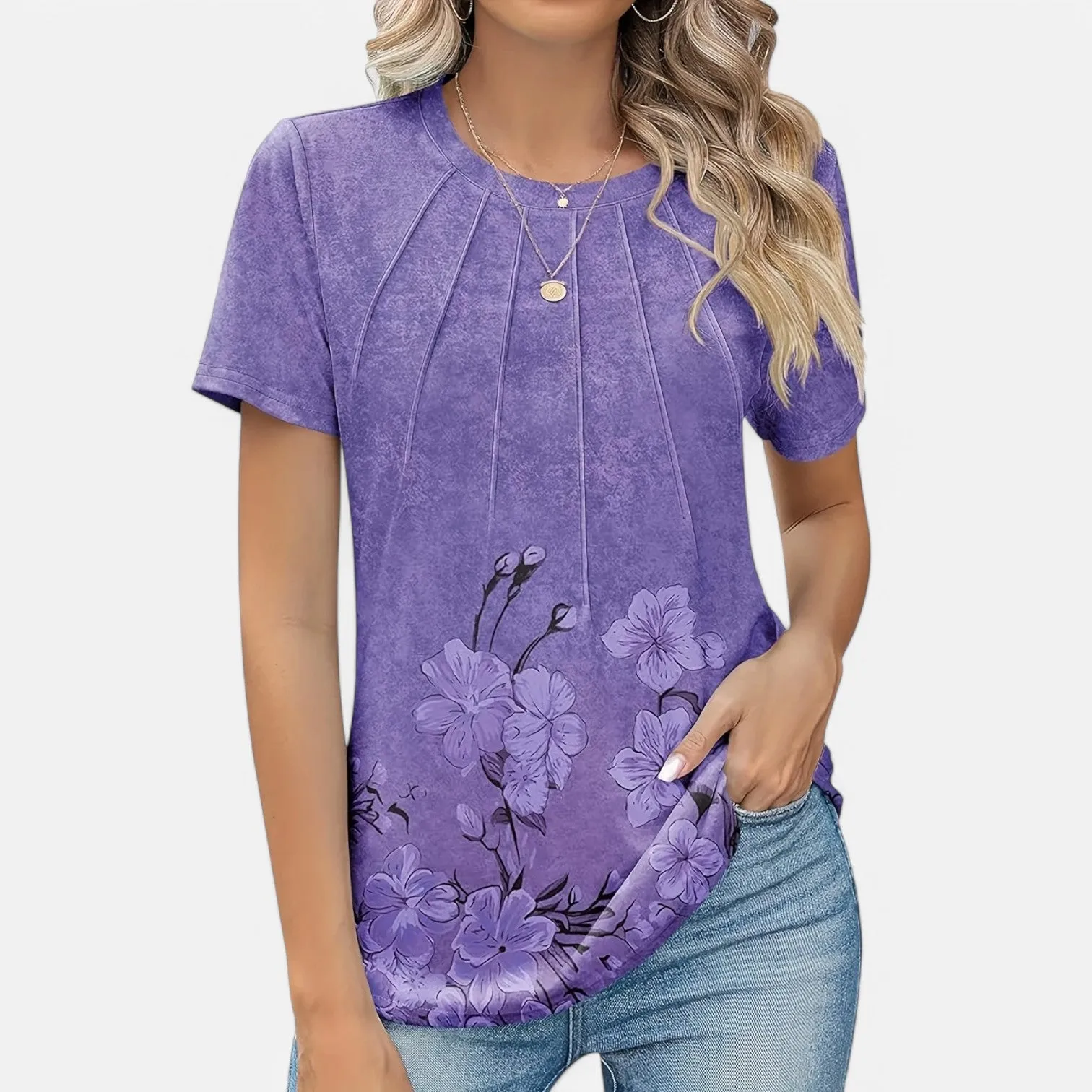 Monacogents | Women's V-Neck Puff Sleeve Pleated Tunic Blouse