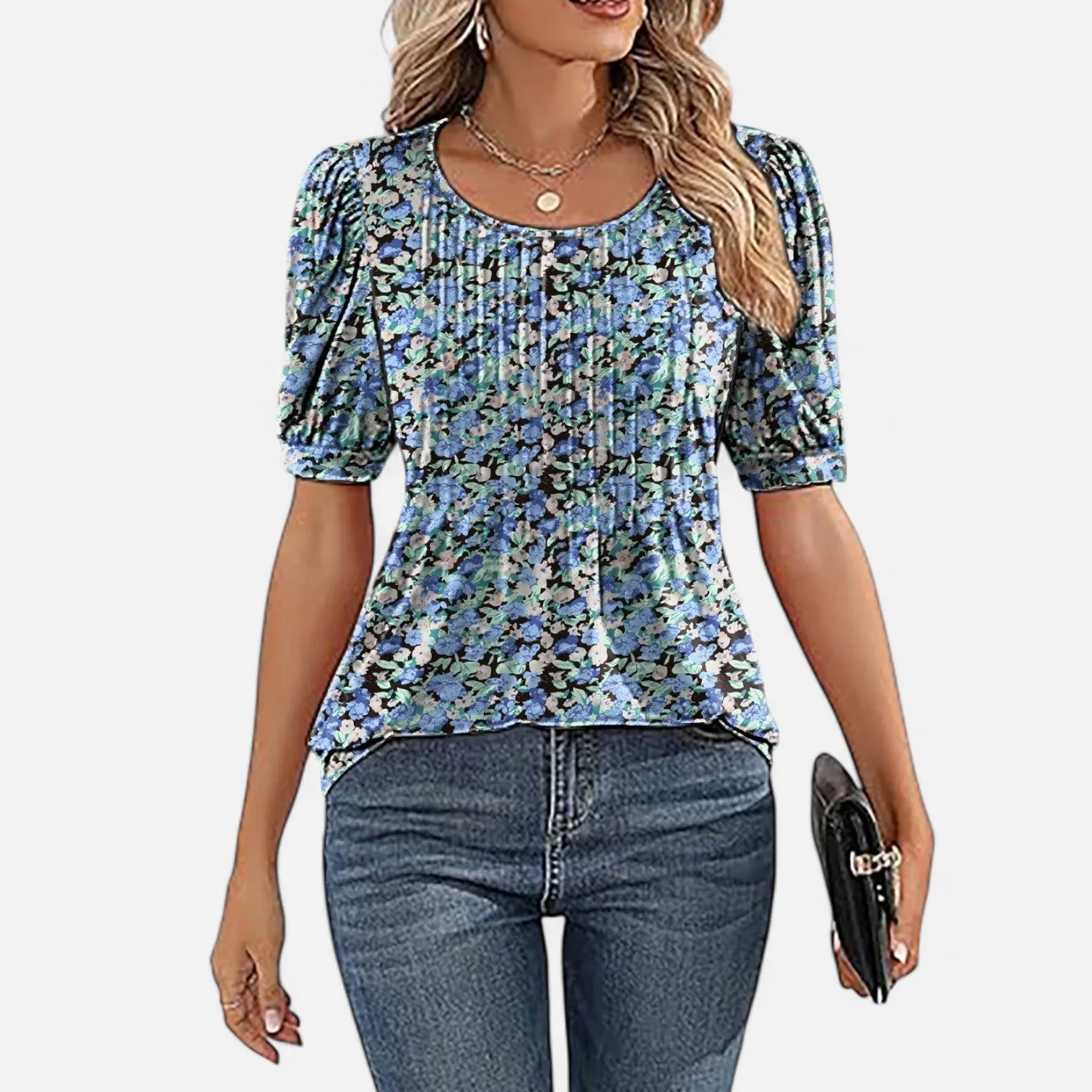 Monacogents | Women's V-Neck Puff Sleeve Pleated Tunic Blouse