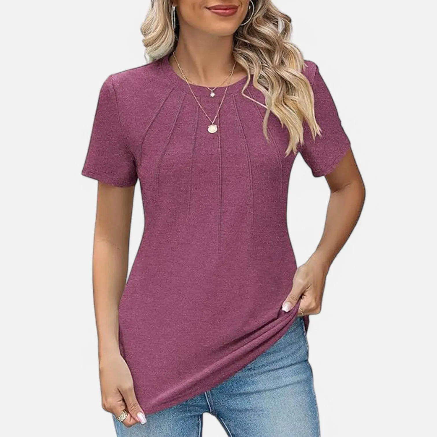 Monacogents | Women's V-Neck Puff Sleeve Pleated Tunic Blouse
