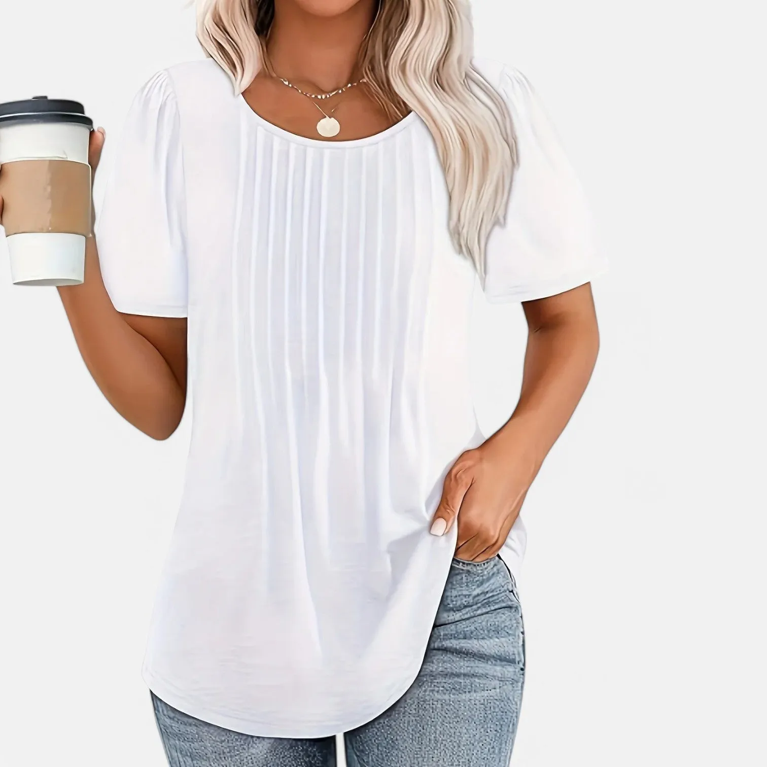 Monacogents | Women's V-Neck Puff Sleeve Pleated Tunic Blouse