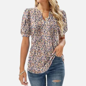 Monacogents | Women's V-Neck Puff Sleeve Pleated Tunic Blouse