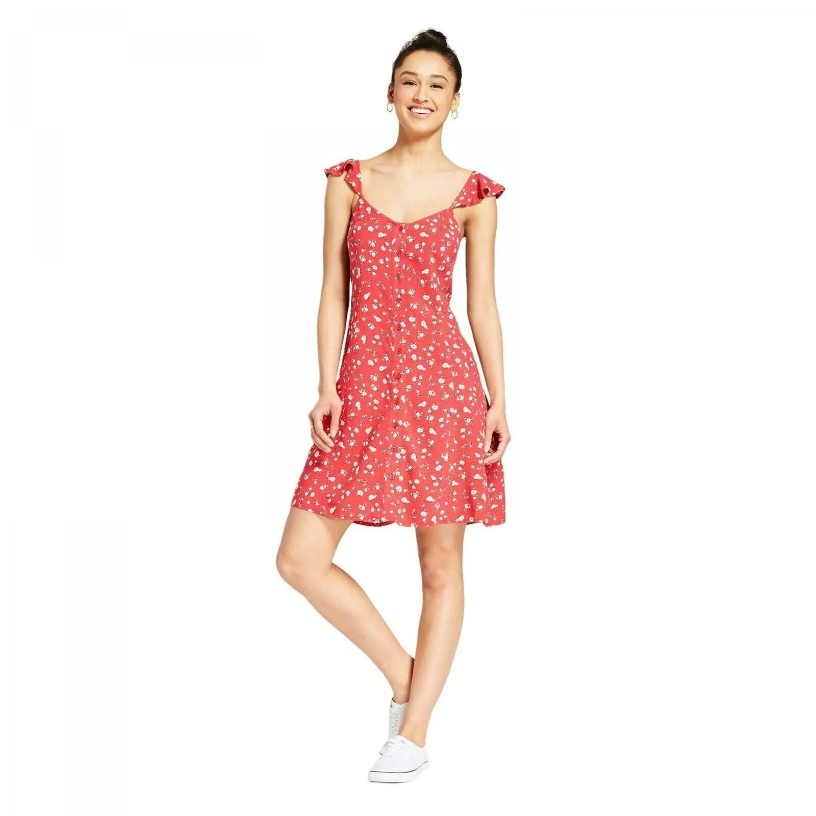 Mossimo Women's Floral Button Front Ruffle Sleeve Dress