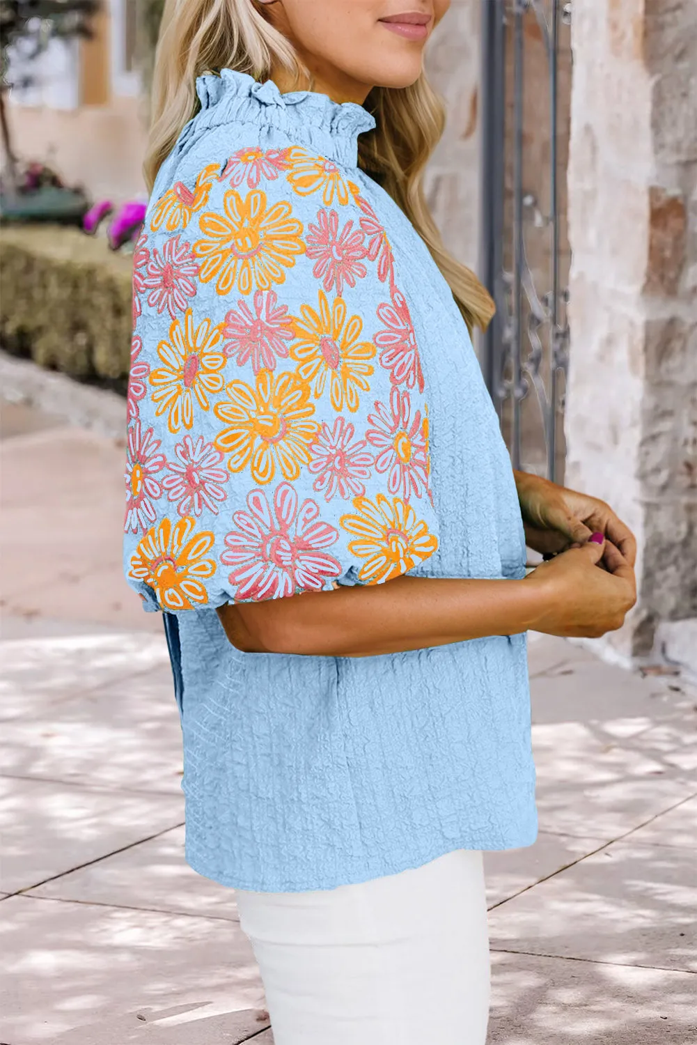 Myosotis Floral Puff Short Sleeve Ruffled Collar Button Back Top