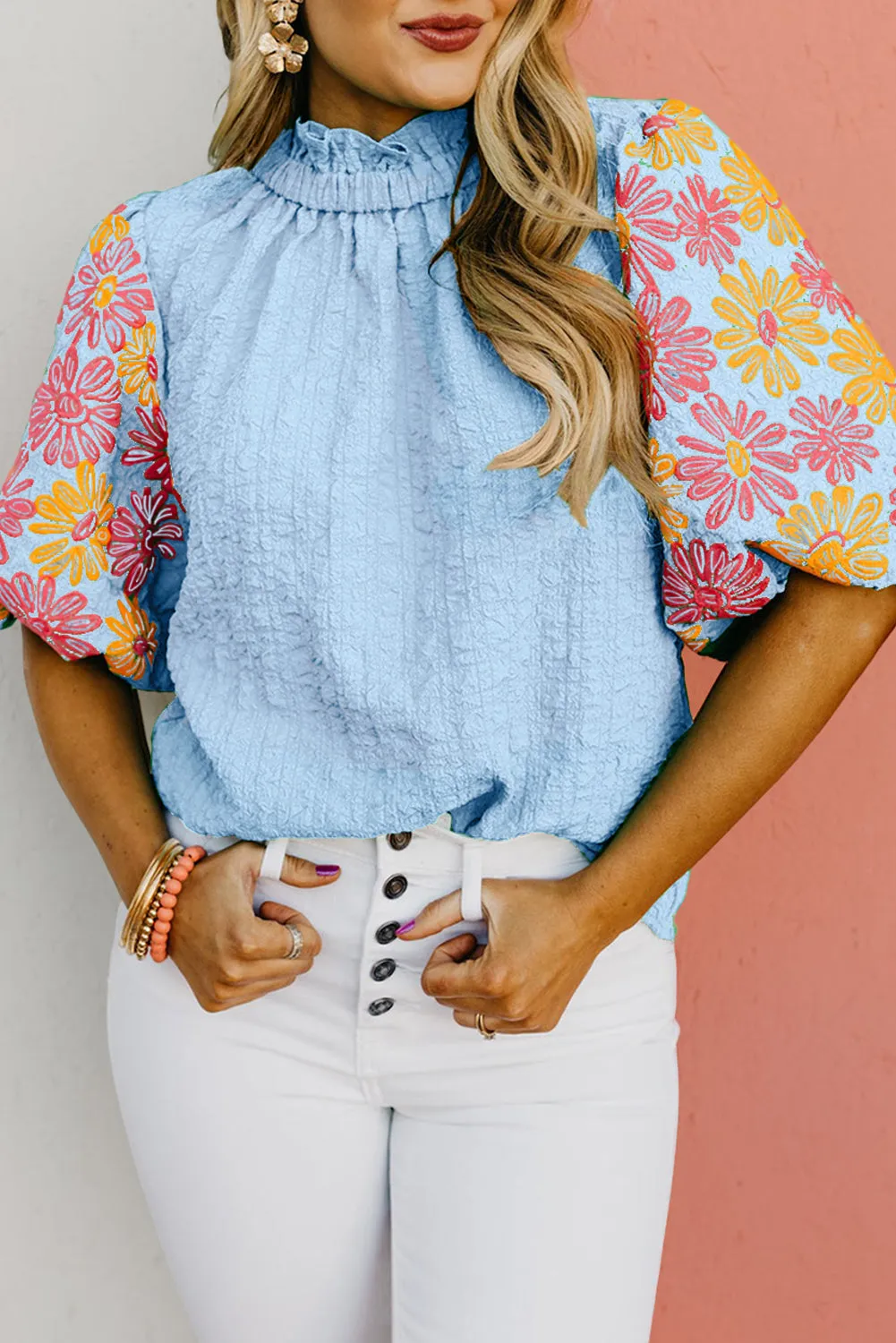 Myosotis Floral Puff Short Sleeve Ruffled Collar Button Back Top