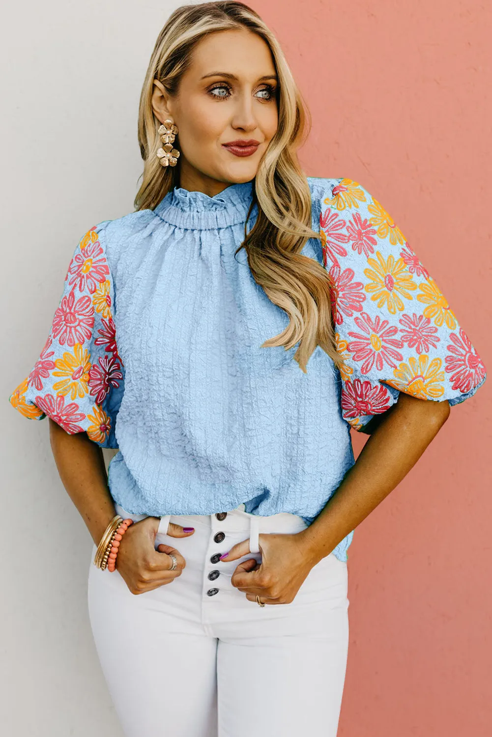 Myosotis Floral Puff Short Sleeve Ruffled Collar Button Back Top