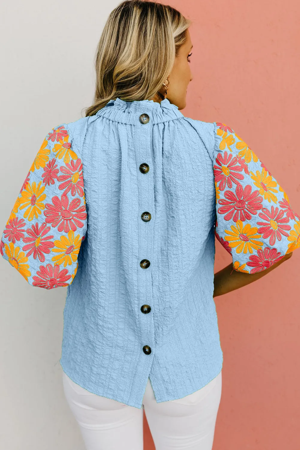 Myosotis Floral Puff Short Sleeve Ruffled Collar Button Back Top